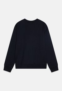 Sudadera negra de manga larga con cuello redondo, puños y cintura acanalados, hecha de un suave material de algodón texturizado.