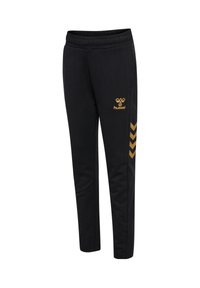 Schwarze Sporthosen mit elastischem Bund, versehen mit einem goldenen Logo und einem Chevron-Muster an der Seite. Hergestellt aus einem glatten, dehnbaren Stoff.