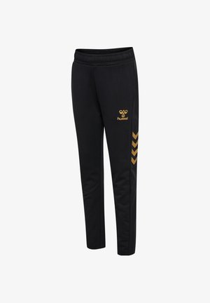 Zwarte sportbroek met een elastische tailleband, voorzien van een gouden logo en chevronontwerp aan de zijkant. Gemaakt van een gladde, rekbare stof.