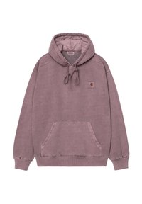 Felpa con cappuccio color rosa polveroso, realizzata in tessuto morbido. Presenta una tasca frontale, polsini a costine e una piccola etichetta con logo sul petto.
