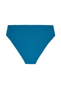 Mėlynos tekstūros bikini apatinė dalis su aukštu kirpimu ir storu juosmeniu. Audinys turi raukšlėtą raštą, suteikiantį pridėtinės detalės.
