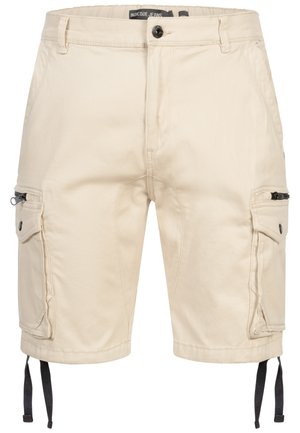 Pantaloni scurți cargo bej, cu nasture frontal, fermoar, două buzunare laterale cu fermoar, buzunare cu clapetă și șnururi negre ajustabile la tiv.