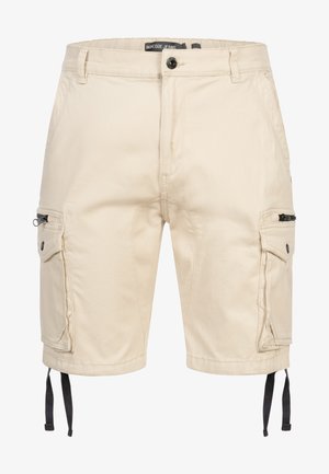Pantaloni scurți cargo bej, cu nasture frontal, fermoar, două buzunare laterale cu fermoar, buzunare cu clapetă și șnururi negre ajustabile la tiv.