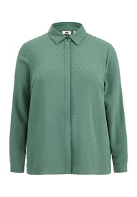Grön långärmad skjorta med knapp-ner krage, med en strukturerad tyg och mönstrad detaljer över ytan.