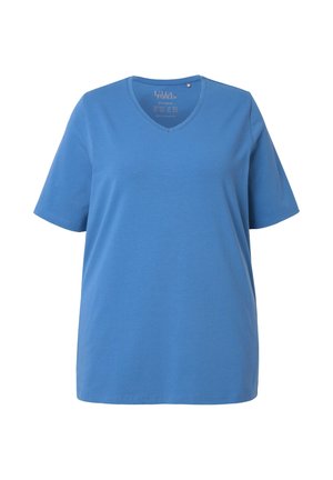 Blaues Kurzarm-V-Ausschnitt-T-Shirt aus glattem Baumwollstoff. Bietet eine lockere Passform und einen schlichten Saum ohne zusätzliche Muster oder Akzente.