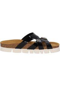 Sandalia deslizante de charol negro con dos correas cruzadas, plantilla de corcho y suela exterior de goma blanca que presenta un relieve texturizado y un detalle de hebilla.