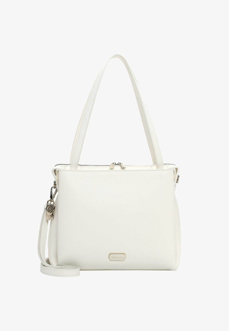 Borsa bianca in pelle vegana con doppi manici, chiusura a zip e tracolla regolabile. Presenta un piccolo charm a forma di cuore e dettaglio con il logo.