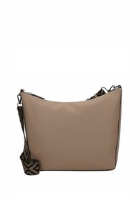Beige Leder Schultertasche mit strukturiertem Finish, schwarzem Rand und einem gemusterten Tragegurt mit geometrischen Designs. Reißverschluss oben.