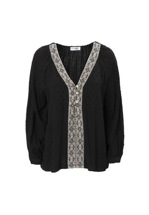 Zwarte blouse met lange mouwen en een V-hals. Heeft een textuur stof, een patroon in het midden en drie knopen aan de voorkant.