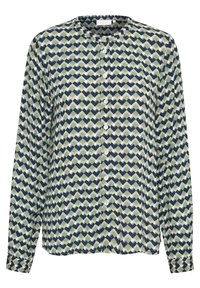 Camicia abbottonata con un motivo geometrico a zigzag in verde, blu navy e bianco. Maniche lunghe con polsini; tessuto leggero.
