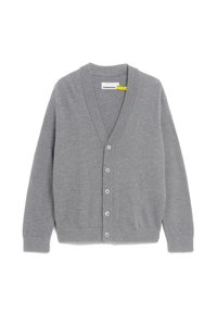 Gray cardigan made of soft fabric. Features a V-neck, front buttons, and embroidered logo detail. Simple design, long sleeves, and ribbed cuffs.