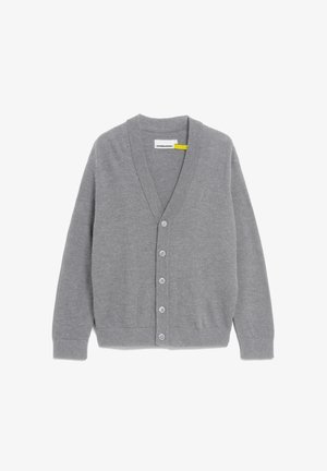 Cardigan grigio realizzato in morbido tessuto. Presenta un colletto a V, bottoni frontali e dettaglio del logo ricamato. Design semplice, maniche lunghe e polsini a coste.