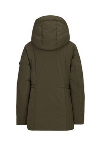 Olijf groene gewatteerde jas met een capuchon, met een aangesnoerde taille en een gladde textuur. Eenvoudig ontwerp zonder zichtbare patronen of hardwaredetails.