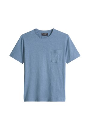 Light blue short-sleeve crew neck T-shirt with a small chest pocket and textured fabric, displayed on a white background.