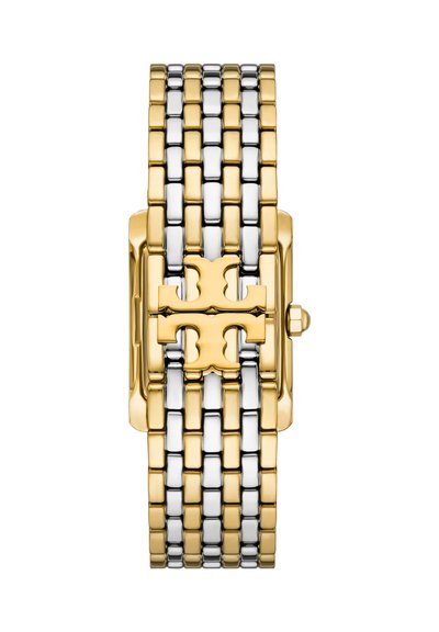 Bracelet à maillons métalliques dorés et argentés avec un cadran rectangulaire doré présentant un logo doré bien visible au centre.