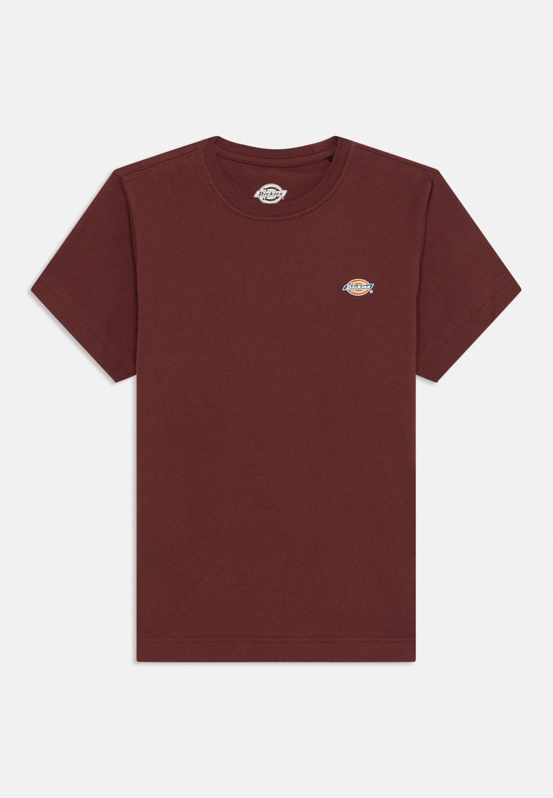 Trumpas rankovėmis bordo spalvos marškinėliai, pagaminti iš medvilnės, su mažu, daugiaspalviu Dickies logotipu siuvinėtu ant krūtinės. Lygus paviršius, klasikinis siluetas.