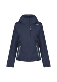 Veste imperméable marine avec un col haut, fermeture éclair à l'avant et deux poches latérales. Présente des accents gris et un logo brodé sur la poitrine.