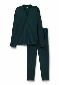 Donkergroen katoenen loungewearset met een lang, knoopsluiting bovenstuk met een mandarin kraag en bijpassende broek met elastische tailleband.