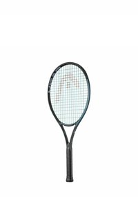 Tenniss racket met een zwart frame, lichtblauwe en witte snaren, en een zwart gestructureerd grip. Rond hoofddesign en een verlengd nek.