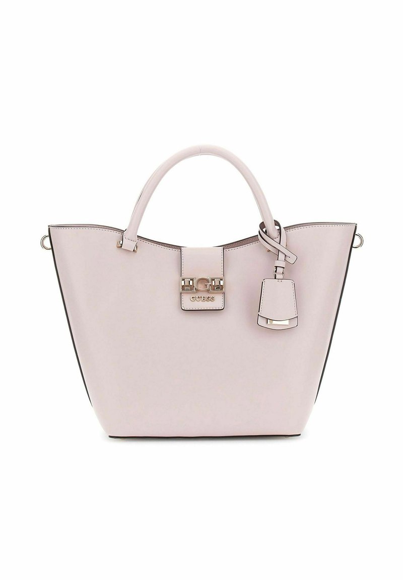 Sac à main synthétique rose au design structuré, à double poignée, avec des accessoires en ton or et un pendentif attaché à la poignée. Texture lisse.