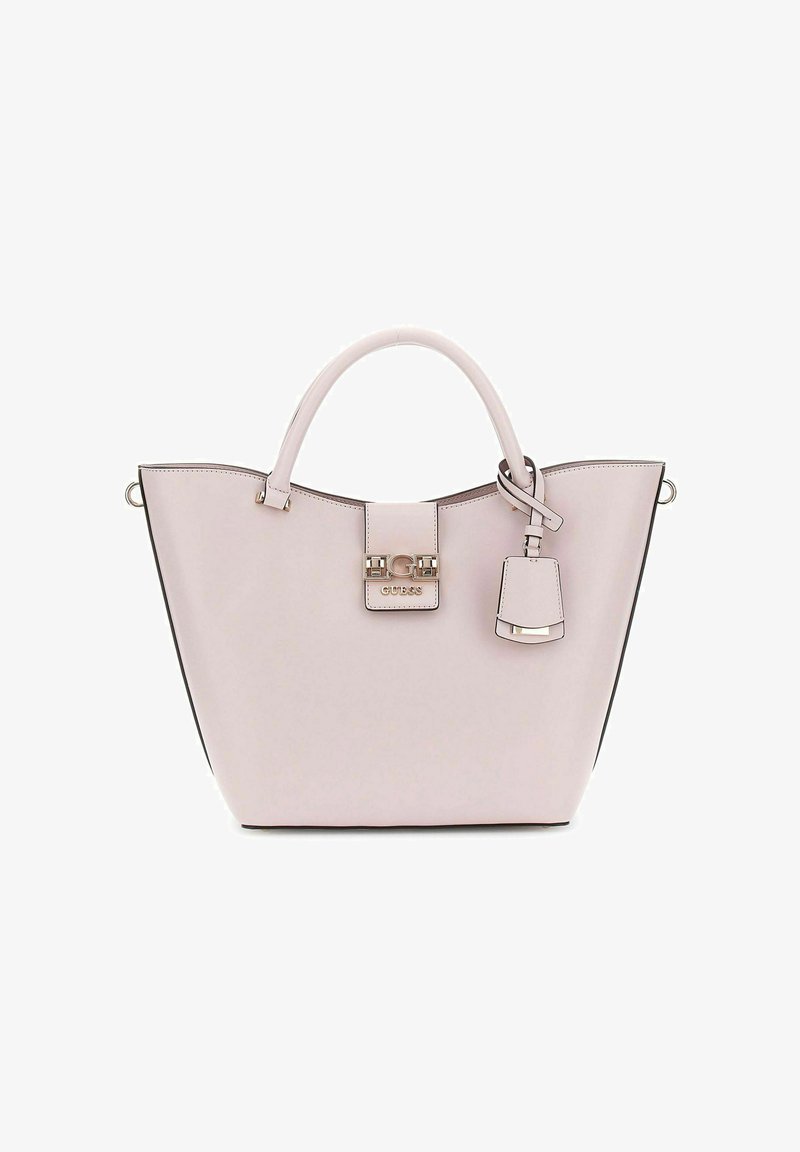 Sac à main synthétique rose au design structuré, à double poignée, avec des accessoires en ton or et un pendentif attaché à la poignée. Texture lisse.