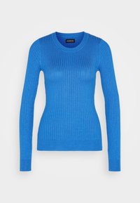 Maglione a maniche lunghe a coste di un brillante blu. Presenta un collo rotondo e una vestibilità aderente con tessuto testurizzato e una finitura liscia.