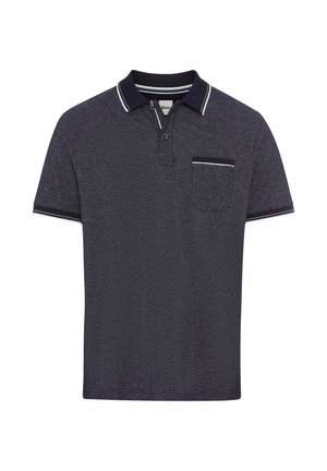 Navy blue polo shirt with a textured fabric, short sleeves, a two-button placket, and a chest pocket with a white accent line.