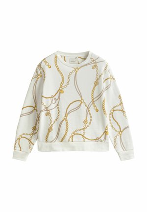 Weißes Sweatshirt mit Rundhalsausschnitt und einem Muster aus goldfarbenen und beigefarbenen Ketten, das vorne, an den Ärmeln und hinten gedruckt ist, mit gerippten Bündchen und Saum.