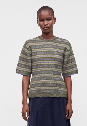 Personne aux cheveux courts portant un pull en tricot à manches courtes rayé olive, bleu et jaune, et une jupe bleu foncé.