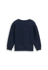 Granatowy sweatshirt z okrągłym dekoltem, długimi rękawami oraz prążkowanymi mankietami i dołem. Gładka tkanina w jednolitym kolorze, bez wzorów.