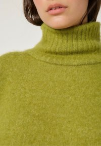 Roheline kõrge kaelusega sviiter, millel on sooniline krae ja pehme, tekstuuriga kudum. Suurepärane lähivõte, mis näitab kangaste kiudude üksikasju.