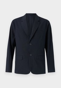Navy blue, textured blazer with a notched lapel, two front flap pockets, and two buttons. Tailored fit with minimalist design.