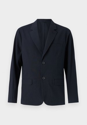 Marineblå, struktureret blazer med a-snit krave, to frontlommer med klap og to knapper. Skræddersyet fit med minimalistisk design.
