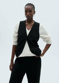 Vesta fără mâneci, de culoare neagră, purtată peste un pulover de culoare crem, asociată cu pantaloni negri. Vesta are un închizător cu nasturi și un croi lejer.