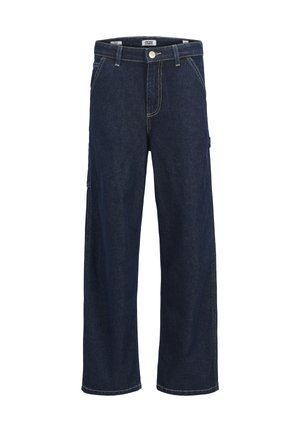 Mørkeblå denimjeans med rett passform, synlige sømmer, frontlommer og en sidelomme. Har knapp- og glidelås-lukking.