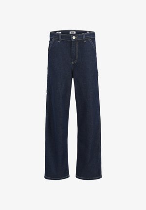 Dark blue denim jeans with a straight fit, visible stitching, front pockets, and a side pocket. Features a button and zipper closure.