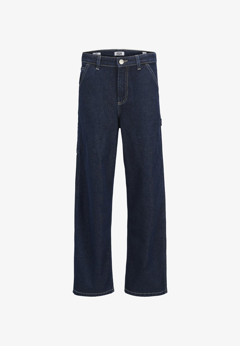 Jeans de mezclilla azul oscuro con corte recto, costuras visibles, bolsillos frontales y un bolsillo lateral. Presenta un cierre de botón y cremallera.