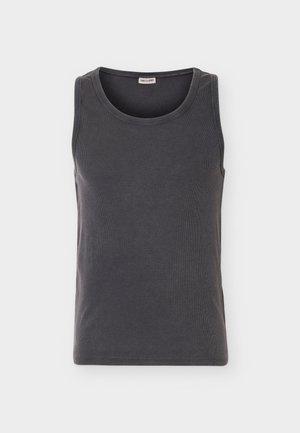 Dunkelgraues geripptes ärmelloses Tanktop mit rundem Ausschnitt, flach auf hellem Hintergrund dargestellt.