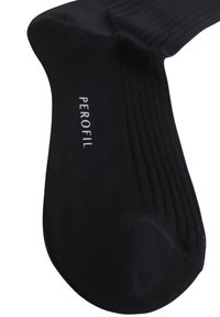 Calzini neri in tessuto liscio con texture a coste e logo "PEROFIL" in bianco. Il design è standard con punta arrotondata.