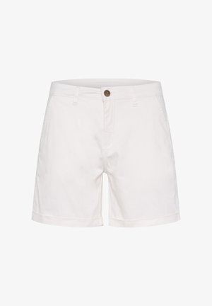 Witte katoenen shorts met knoopsluiting, voorzakken en opgerolde mouwen, met een gladde textuur en een klassiek ontwerp.