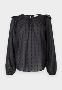 Μαύρη μπλούζα με μακρύ μανίκι, διακοσμημένη με υφασματική υφή τετραγώνων, με συγκεντρωμένο ντεκολτέ και φουσκωτά μανίκια με ελαστικές μανσέτες.