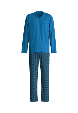Blauwe langmouw V-hals top met een borstzakje; gecombineerd met gestreepte blauwe pyjamabroek met een geometrisch patroon.