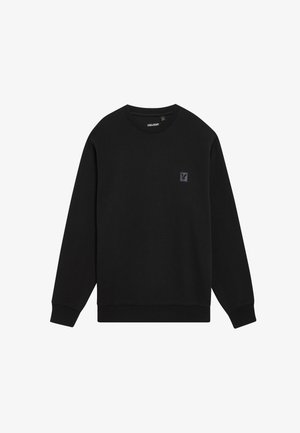 Sort sweatshirt lavet af bomuld med rund halsudskæring, lange ærmer og et lille logo-patch på venstre bryst. Glat tekstur.