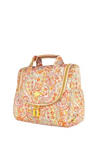 Bolsa de tela impresa en un naranja pálido con patrones florales y de paisley. Cuenta con dos asas en la parte superior, un cierre de cremallera y un bolsillo delantero con tiradores amarillos.