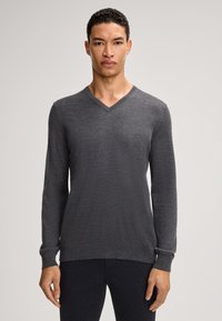 Pull gris à manches longues avec col en V, fabriqué en tissu lisse et léger. Présente des poignets et un ourlet côtelés avec un logo discret sur le côté.