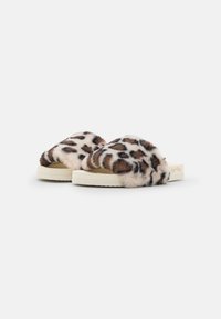 Faux fur slide sandals in a leopard pattern, featuring a white base and textured plush upper. Soft material with a rounded, open design.