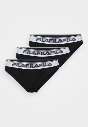 Set de chiloți bikini negri din bumbac, cu un brau elastic alb pe care se află logo-ul „FILA” în negru. Trei perechi expuse.