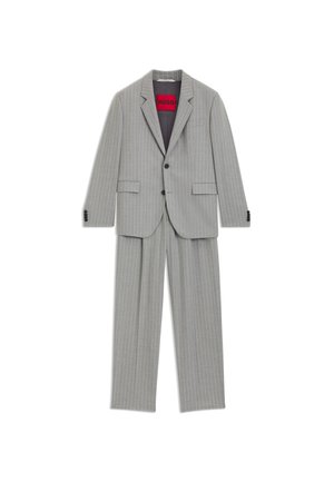 Light grey pinstripe suit with two-button blazer and matching trousers, featuring black buttons and a visible red HUGO label inside the jacket.