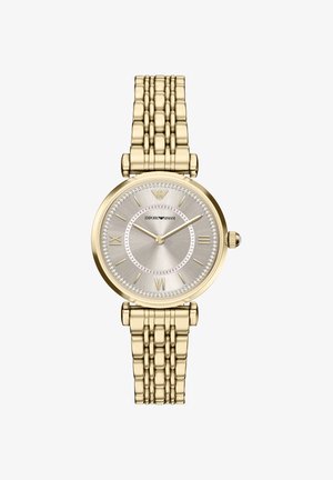 Armbanduhr in Goldoptik mit strukturiertem silbernen Zifferblatt, römischen Ziffern und Kristallakzenten. Ausgestattet mit einem Gliederarmband aus Metall und einem runden Gehäuse.