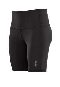 Zwarte sportshorts van rekbaar materiaal, met een hoge tailleband, een gladde textuur en een klein logo aan de onderzijde van de linkerkant.